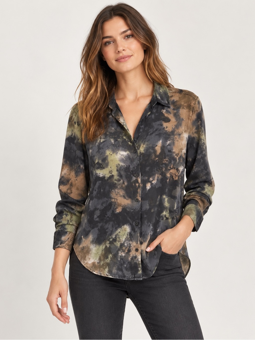 Bella Dahl Blurred Tie Dye Flowy Button Down Blouse M